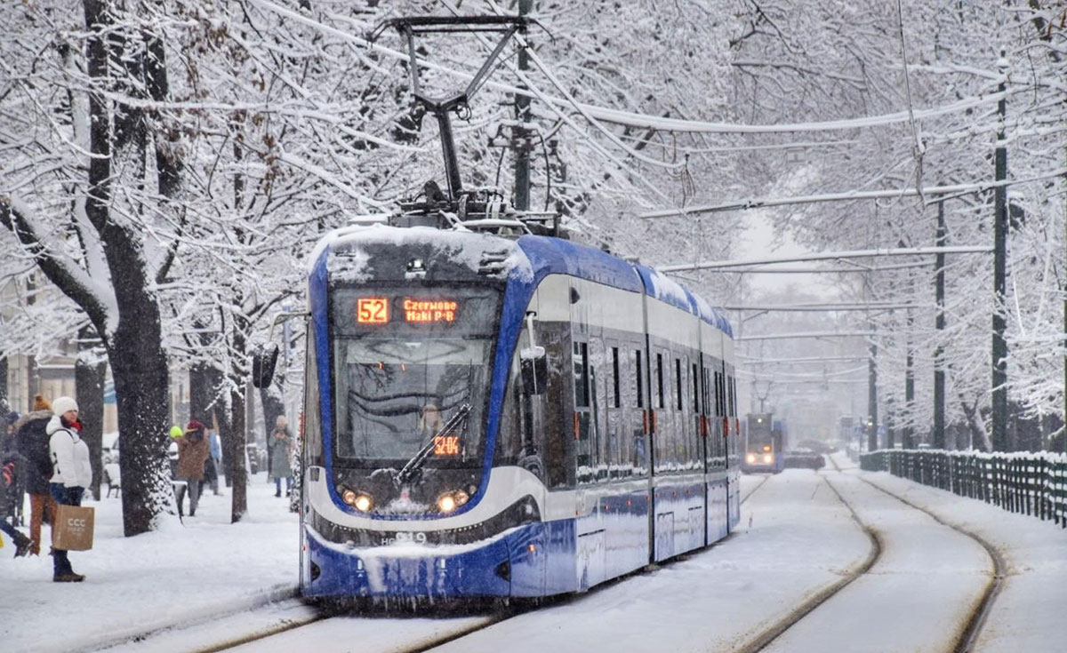 Tram in Krakow in the snow